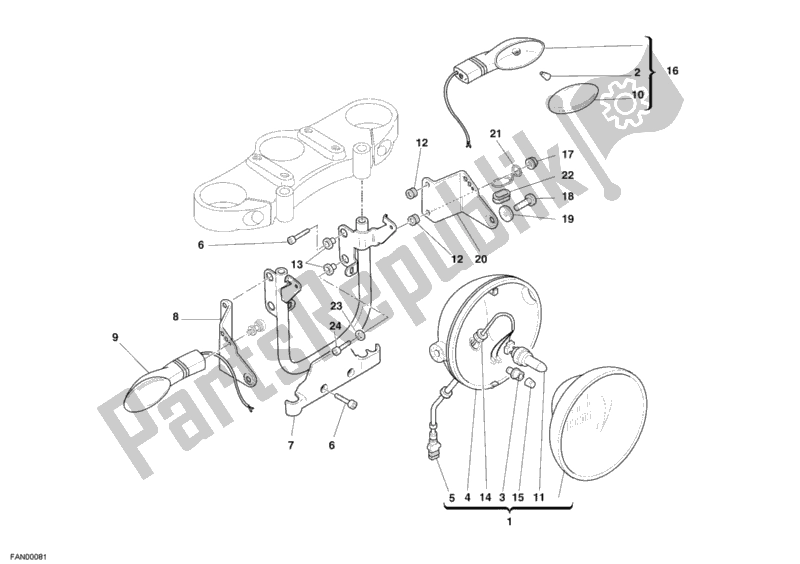 All parts for the Headlight of the Ducati Monster S2R 1000 2006